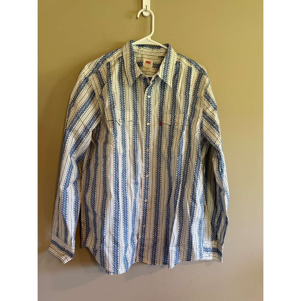 Levis The Western Standard Fit Shirt Mens Large Blue White Geometric Stripe NWT